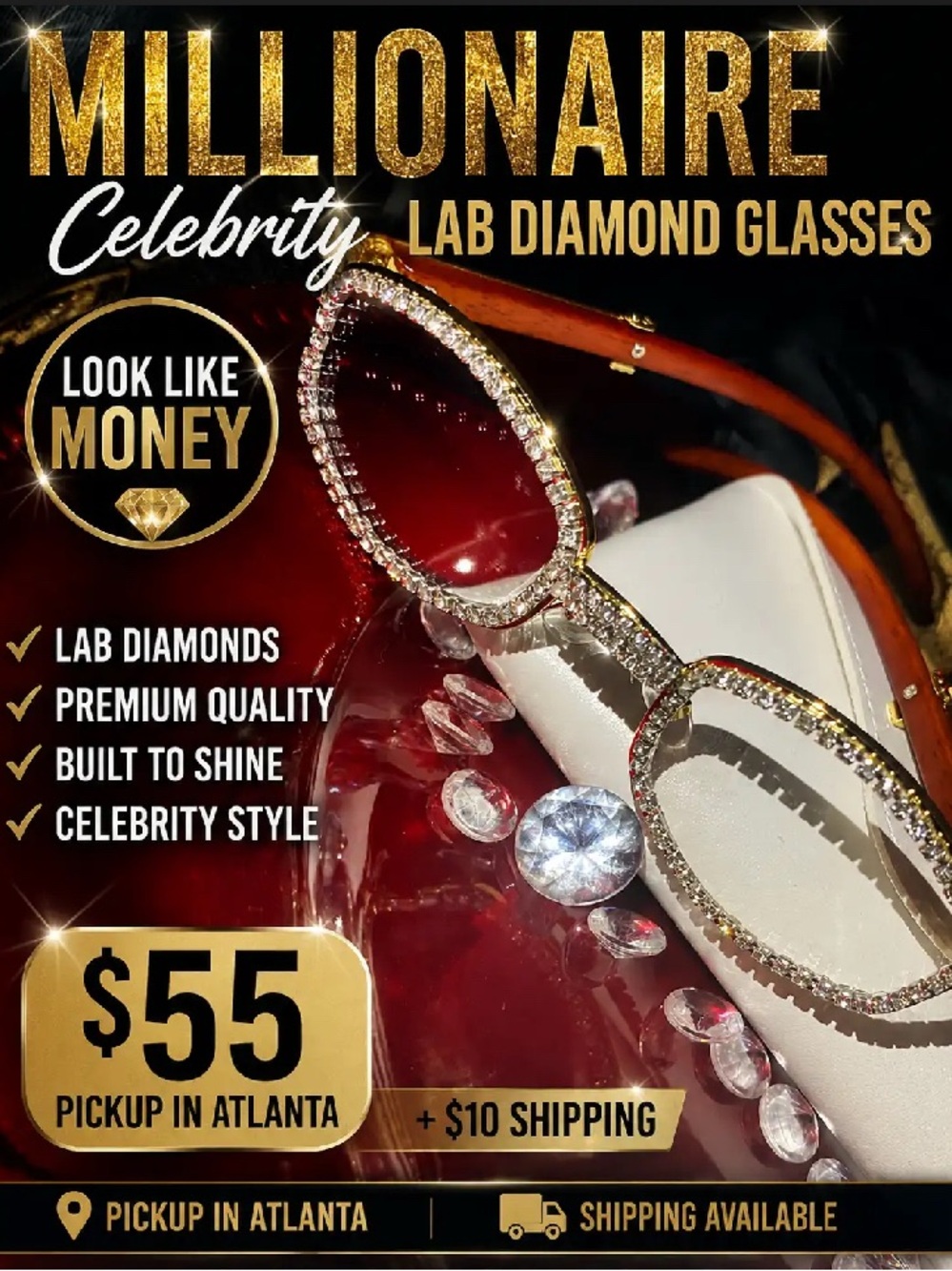 Millionaire Celebrity lab diamond glasses in gold tone. Sparkling lab